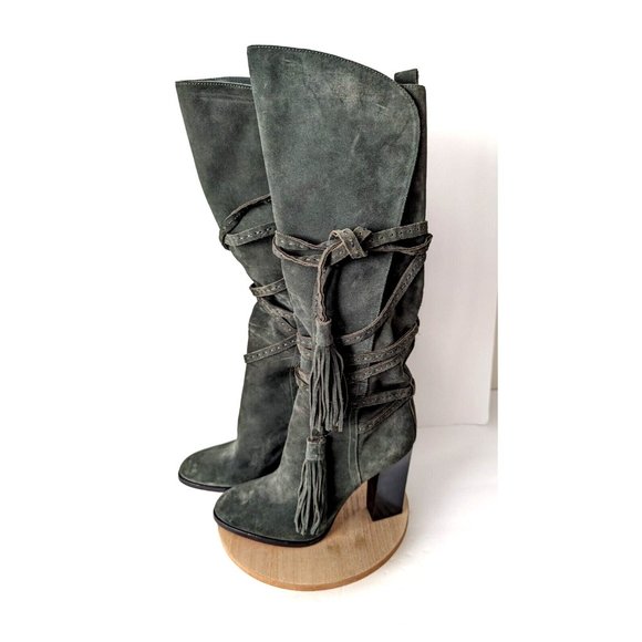Michael Kors Shoes - Michael Kors Womens Boots 37 Jessa Suede Knee Hight Olive Green Lace Up Tassel